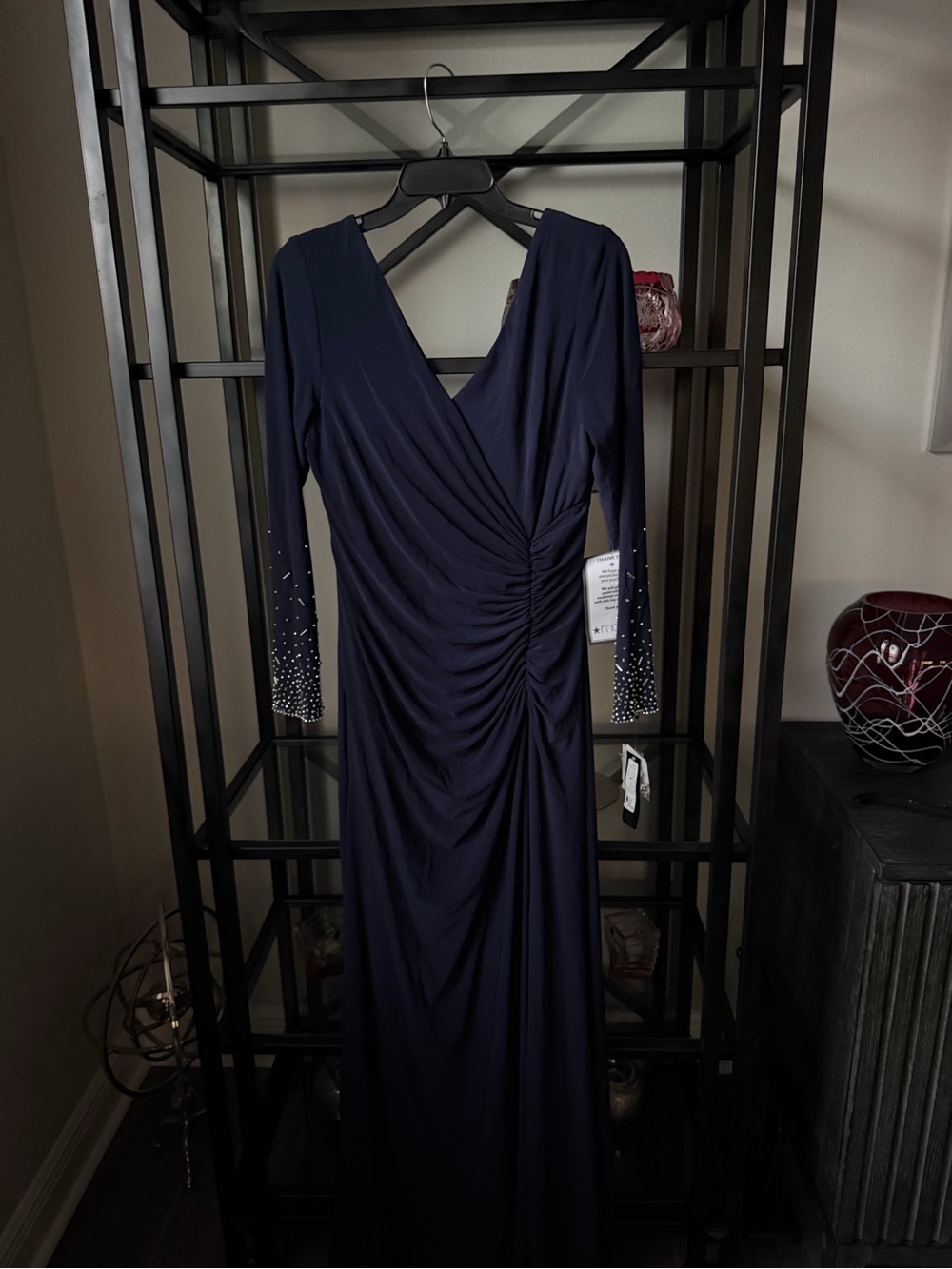 Xscape Navy Long Sleeve Ruched V-Neck Evening Gown